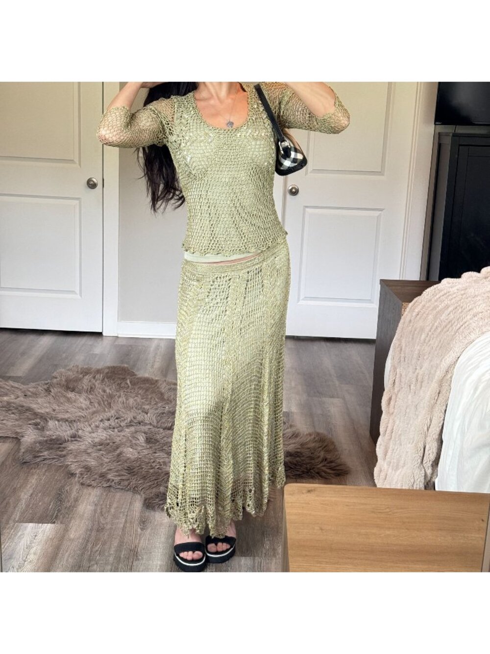 Y2K Very Vera Crochet Knit Beaded Maxi Skirt Set Fairycore Boho Mermaid Coquette